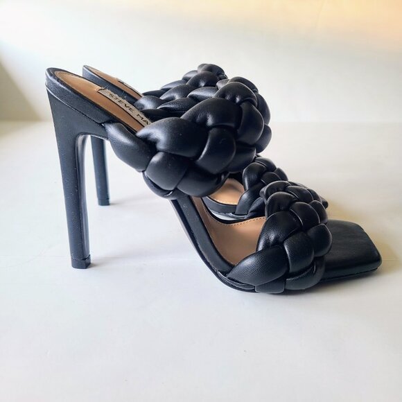 Steve Madden 'Kenley' Chunky Black Braided Leather Sandal Stiletto Heels Size 7 - Picture 6 of 14